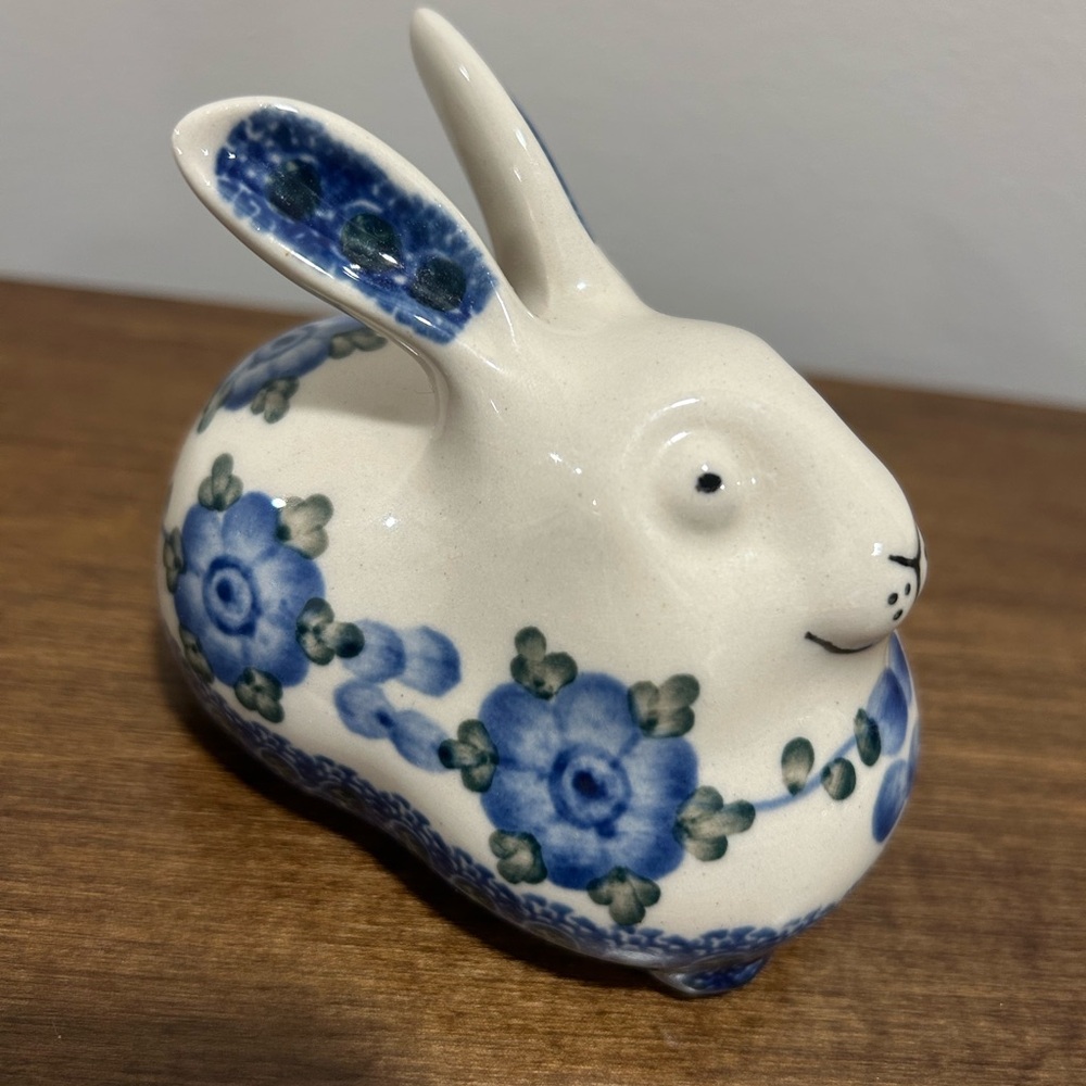 Polish Pottery Ceramic Bunny Figurine in Blue Poppy Design